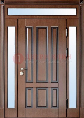 Железная дверь со стеклом и фрамугами в коричневом цвете ДФГ-8 в Пензе