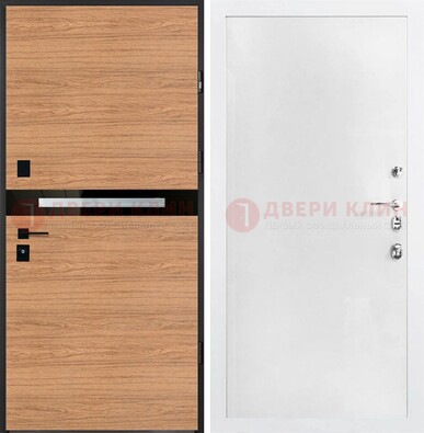 Железная коричневая дверь с МДФ в белом цвете ДМ-313 в Пензе