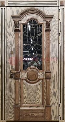 Железная дверь с массивом дуба со стеклом и ковкой ДМД-47 в Пензе