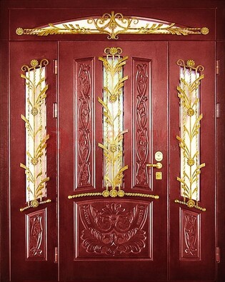 Бордовая железная парадная дверь со стеклом и ковкой ДПР-75 в Пензе