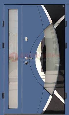 Синяя металлическая дверь со стеклом и узором ДС-13 в Пензе