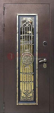 Железная дверь цвета медный антик со стеклом и ковкой ДСК-105 в Пензе