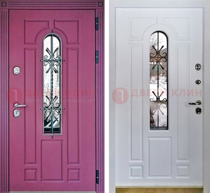 Розовая металлическая дверь со стеклом и ковкой ДСК-151 в Пензе