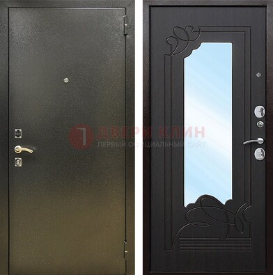 Железная темная дверь c порошковым напылением и МДФ с узором и зеркалом ДЗ-111 в Пензе