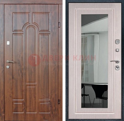 Входная коричневая дверь с МДФ Белый дуб и зеркалом ДЗ-126 в Пензе