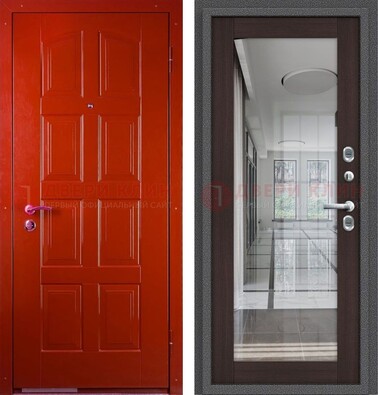 Красная металлическая дверь с МДФ и зеркалом ДЗ-136 в Пензе