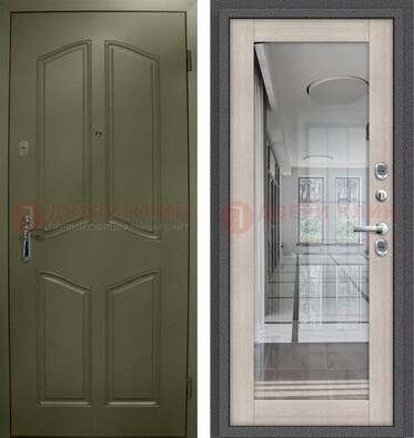 Зеленая стальная дверь с МДФ панелями и зеркалом ДЗ-137 в Пензе