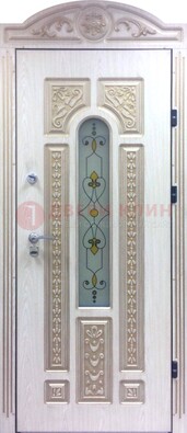 Белая железная дверь с МДФ и витражом ВЖ-26 в Пензе